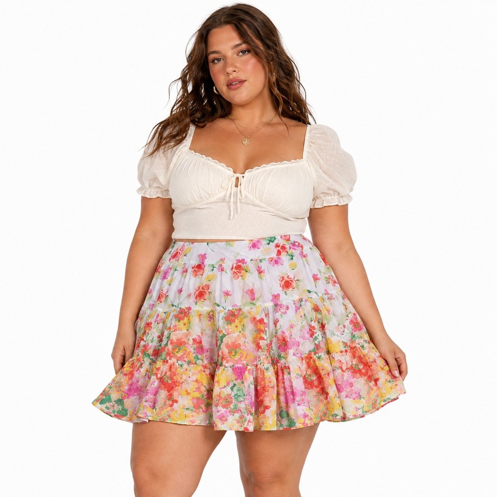 Chaps Tiered Watercolor Floral Print Midi Skirt White 100% Cotton Boho Size 16